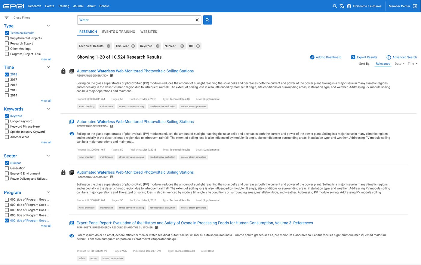 a mockup of a unified search application for EPRI's research